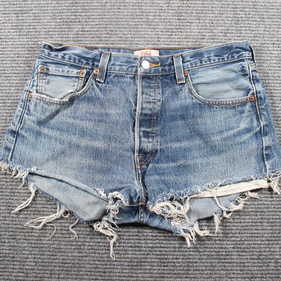 Levi’s 501 Shorts Womens W34 Blue Button Fly Cutoff Frayed - Picture 1 of 5